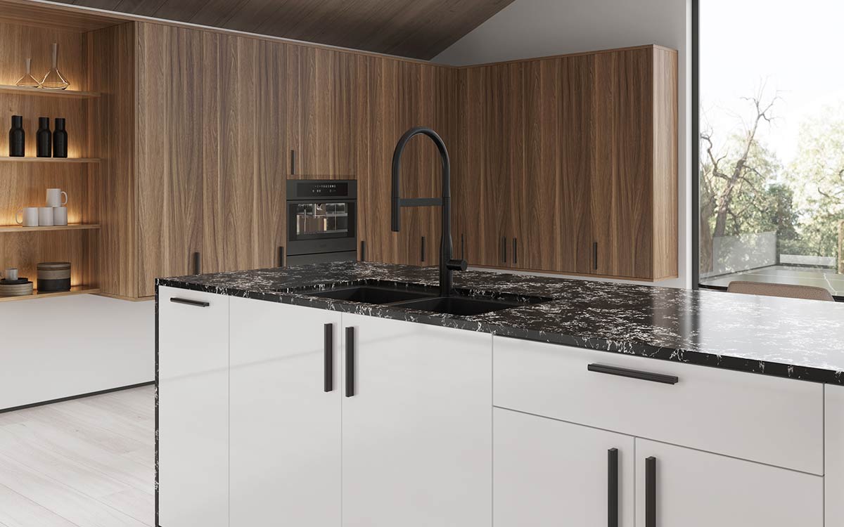 black quartz stone countertop with white veins