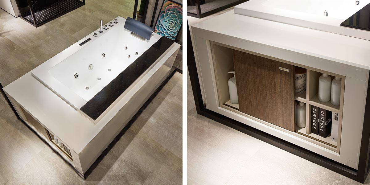 bathtub and storage cabinets