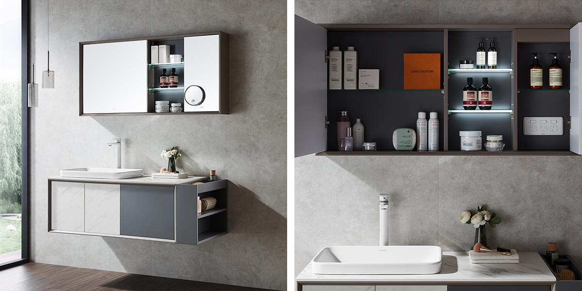 Wall Mounted Gray and White Bathroom Cabinets