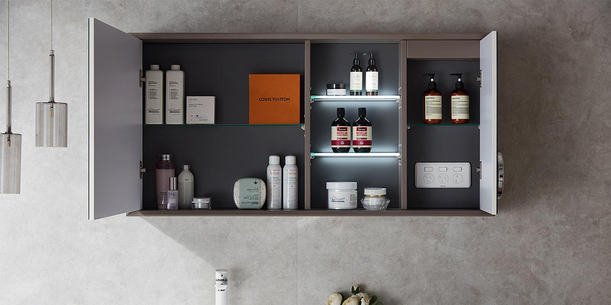 Wall Mounted Gray and White Bathroom Cabinets