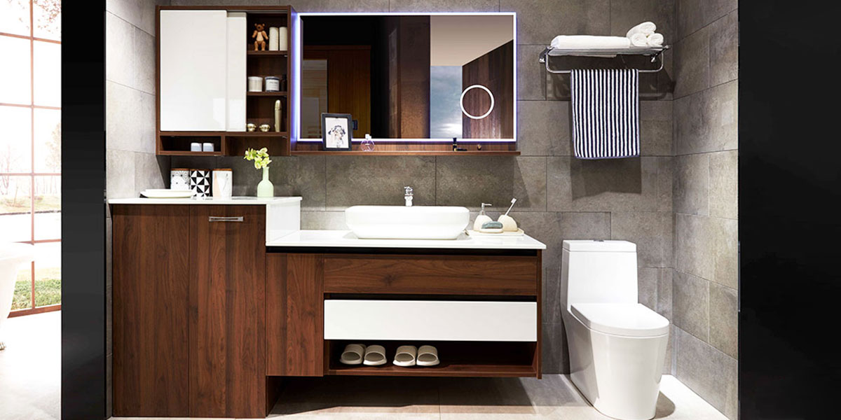 Custom Wall-mounted Bathroom Cabinets White and Brown OBV21-003