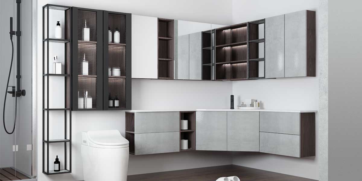 L-shaped Bathroom Vanity with High Gloss Doors PLWY20098