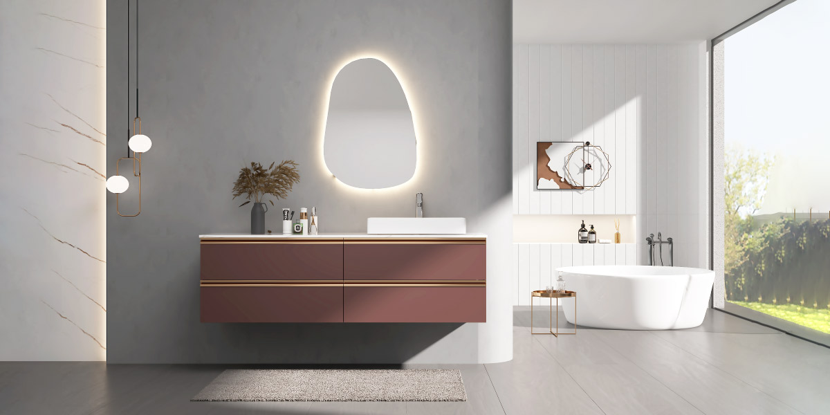 Red Powder Room Vanity with Integrated Handles OBV22-L01