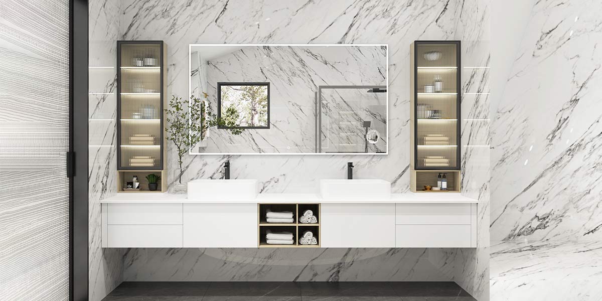 Floating Double Vanity White Bathroom Cabinets OBV22-TRA