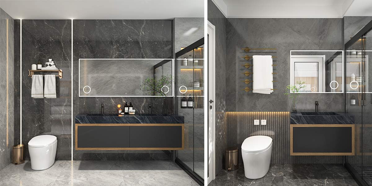 Black Bathroom Vanity with Blue Grey Countertop