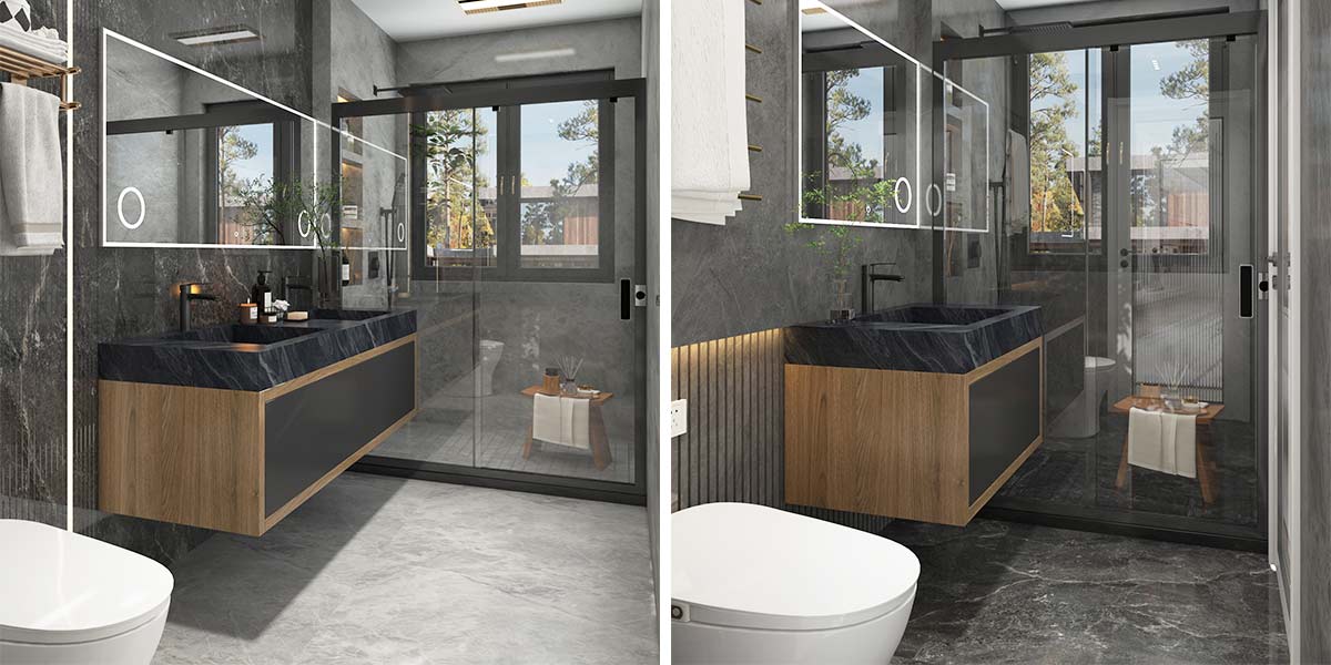 Black Bathroom Vanity with Blue Grey Countertop