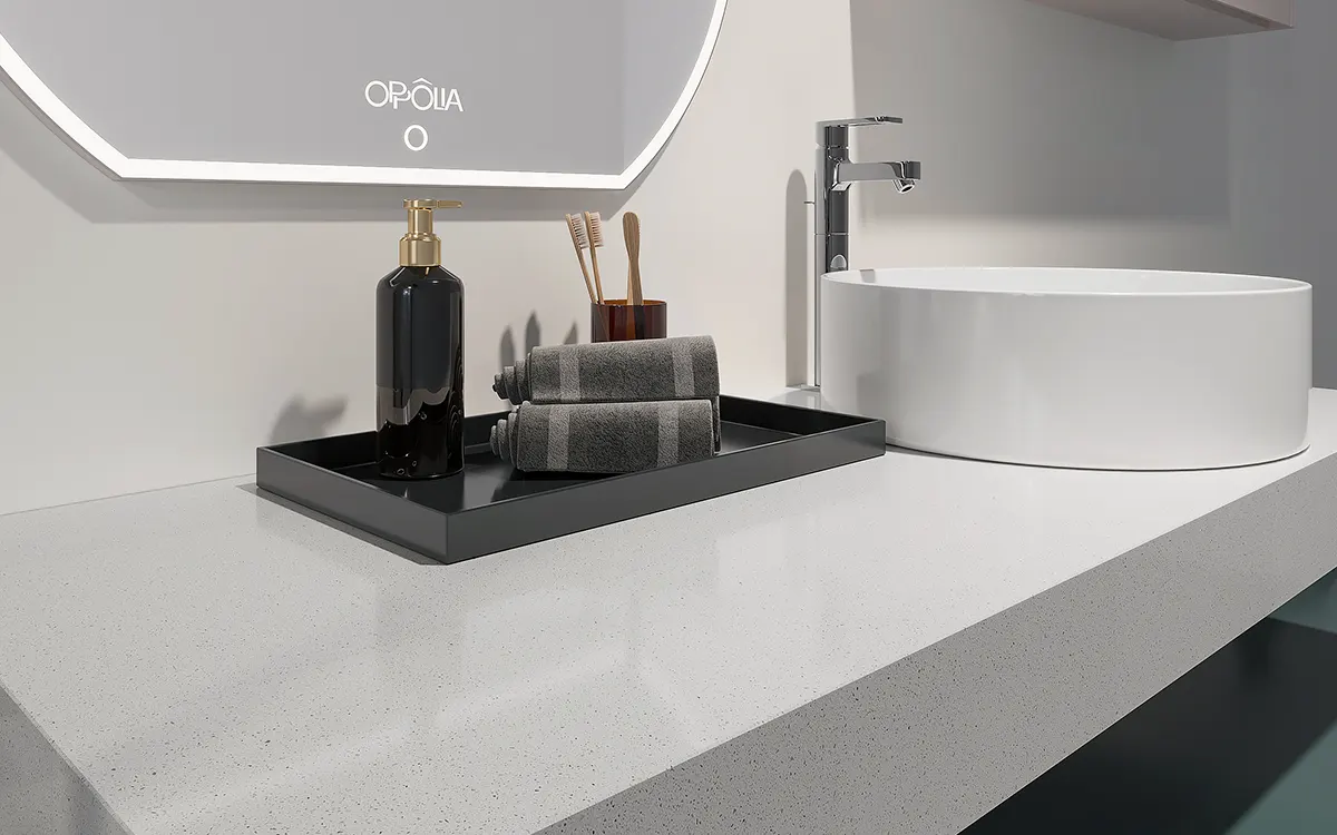 bathroom vanity with white countertop