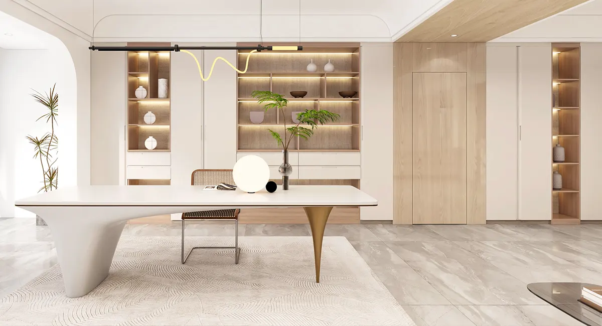 modern white and light wood home office design with large desk