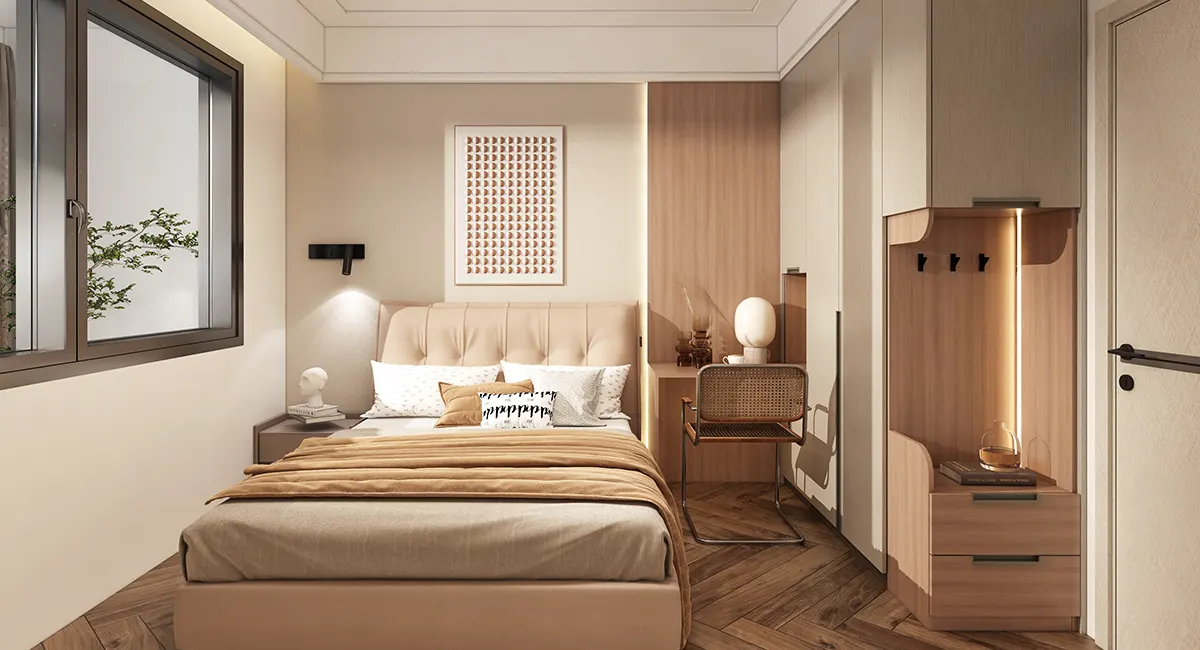 off white and light wood bedroom design