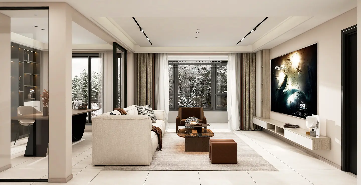living room and home office open design