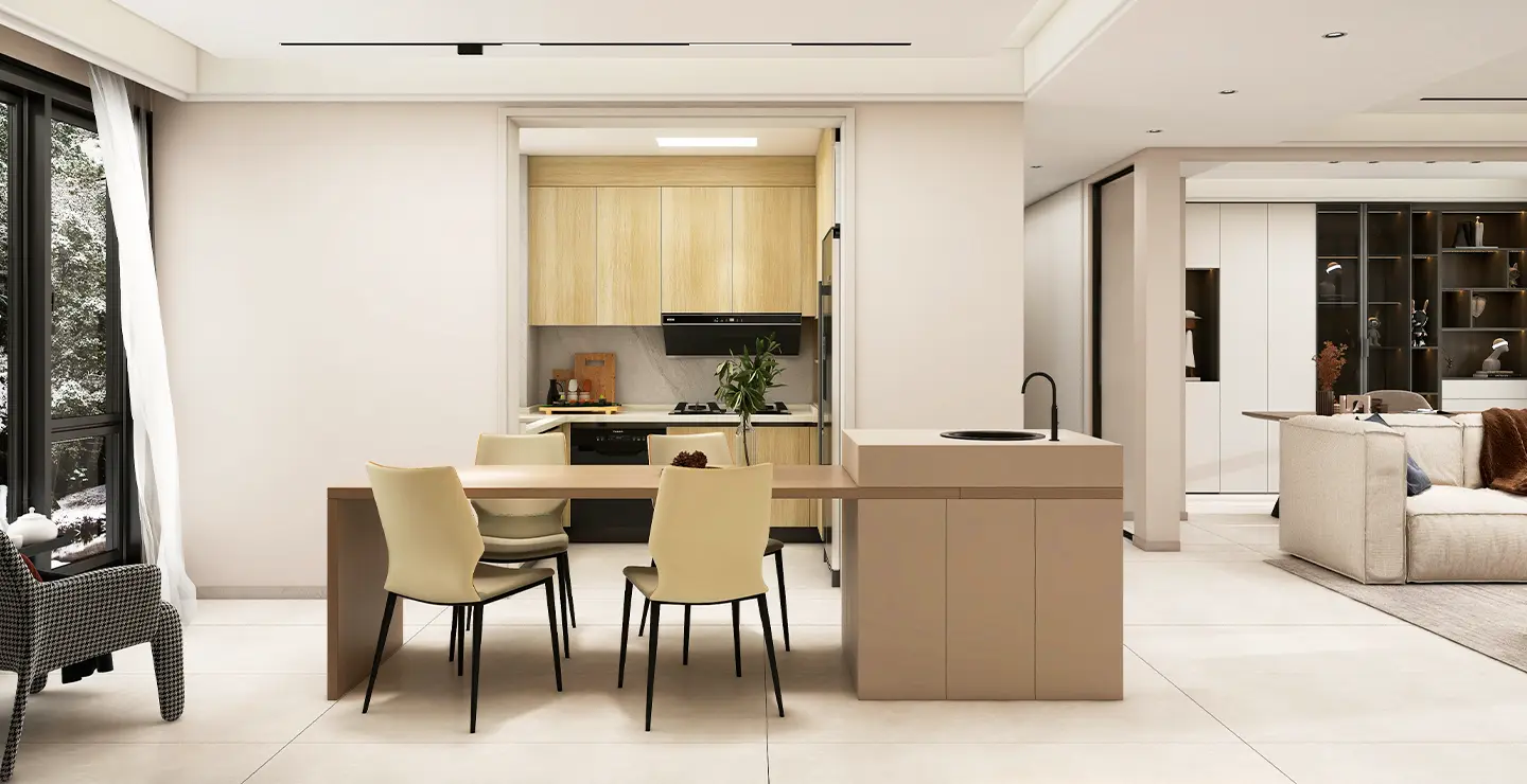 small kitchen and dining table in minimalist apartment design