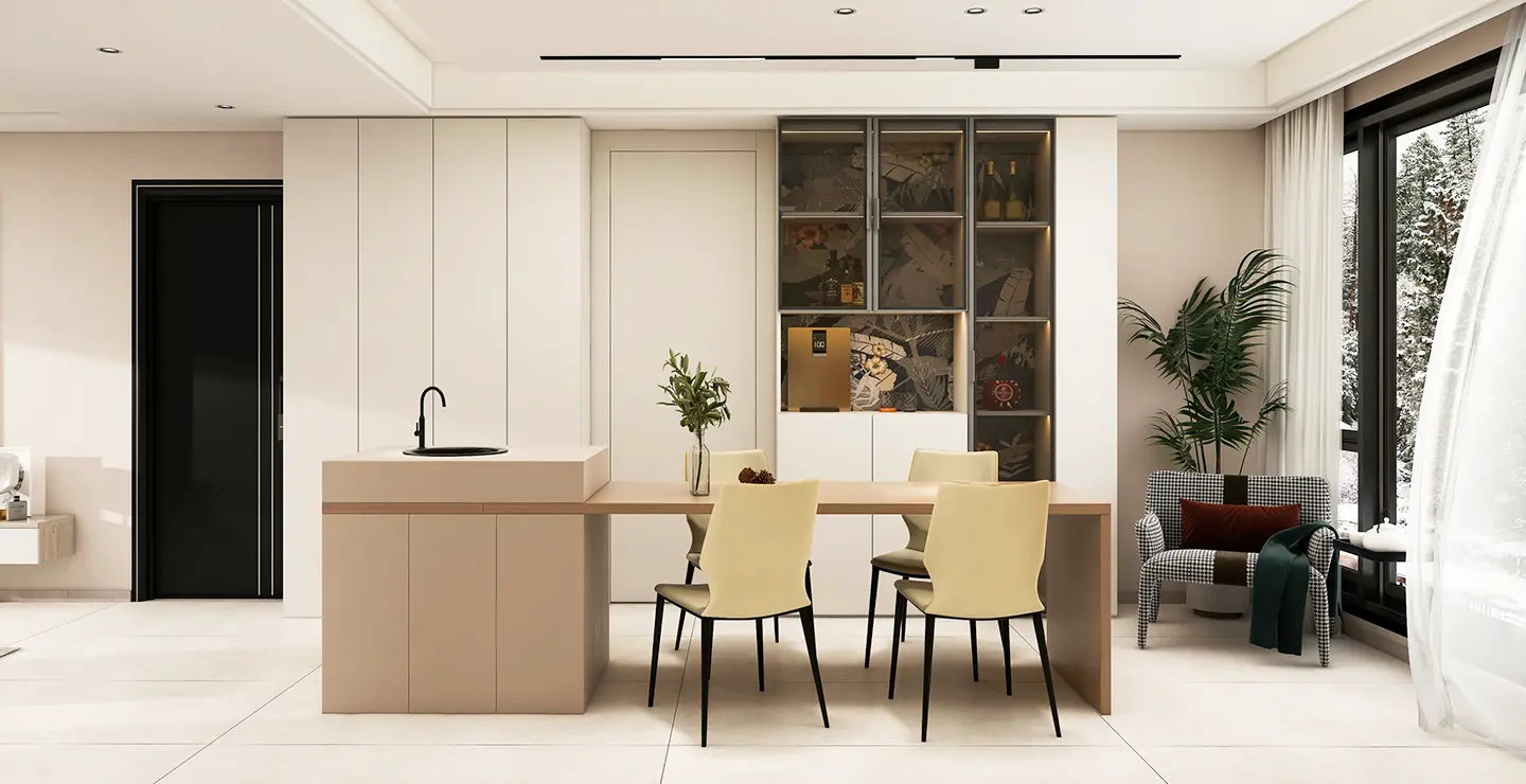 small kitchen island with attached dining table in clay tone