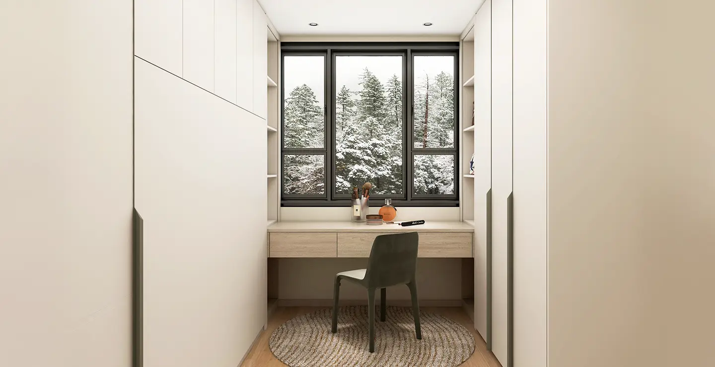 modern minimalist white fitted wardrobe with desk