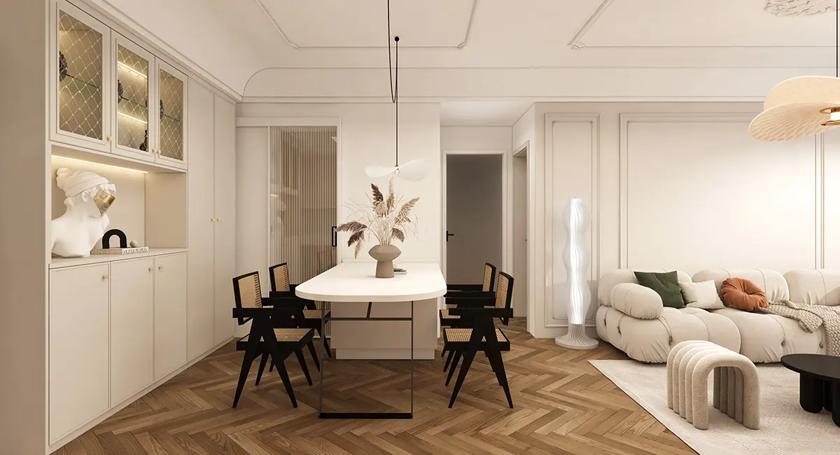 Cream dining room cabinets and dining table
