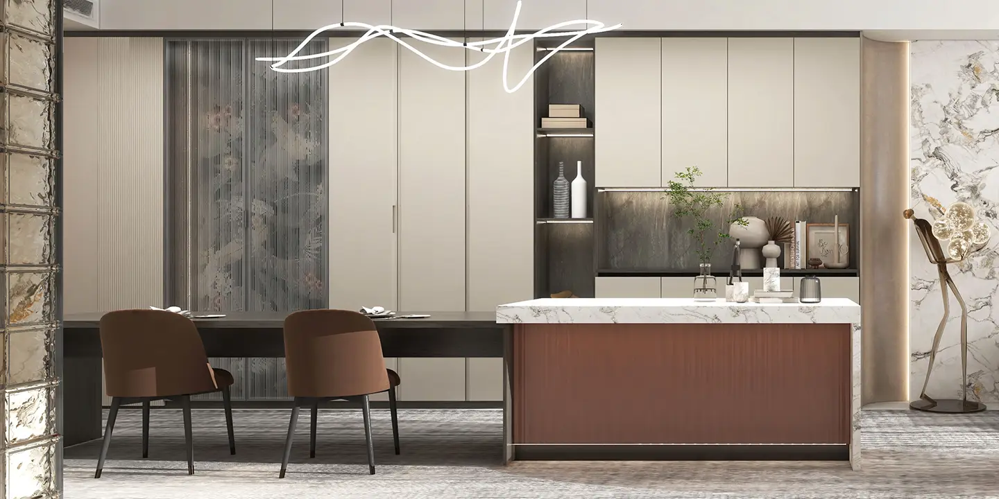 dining room cabinets and long table in contemporary home design