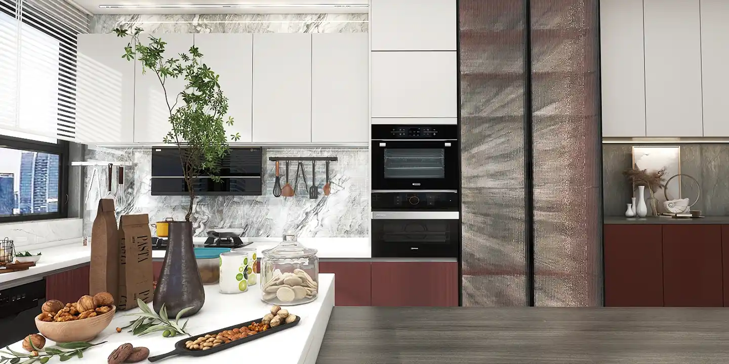 modern white and red kitchen in contemporary home design
