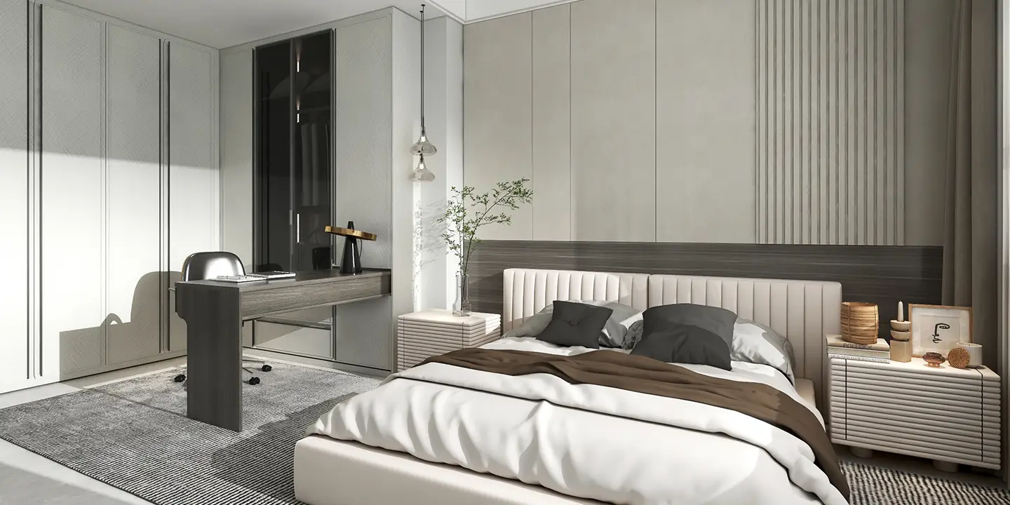 white L shaped bedroom wardrobe with grey stained desk