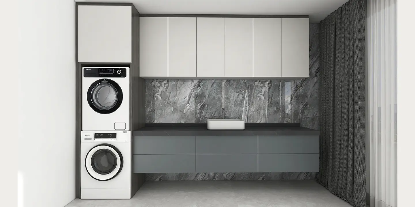 matte off white and blue-grey fitted floating bathroom vanity