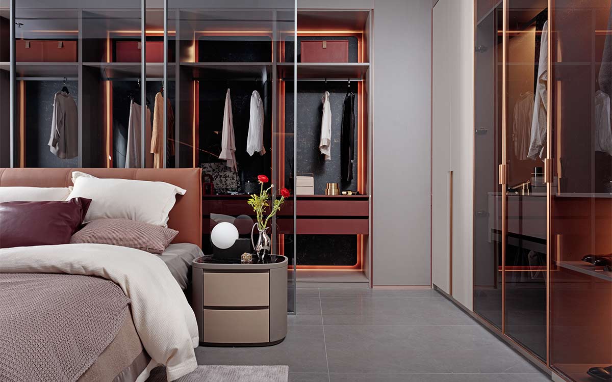 Fitted Light Grey and Red Walk in Wardrobe