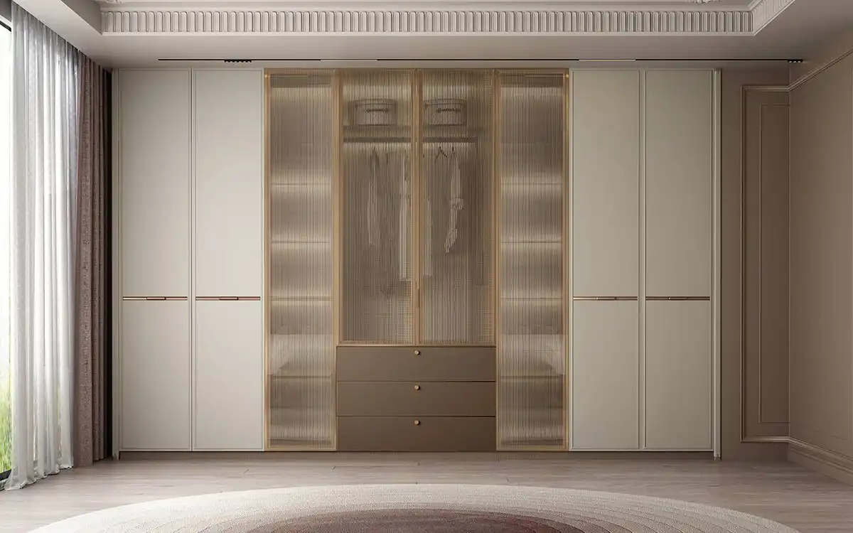 White and Taupe Wardrobe with Reeded Glass Doors