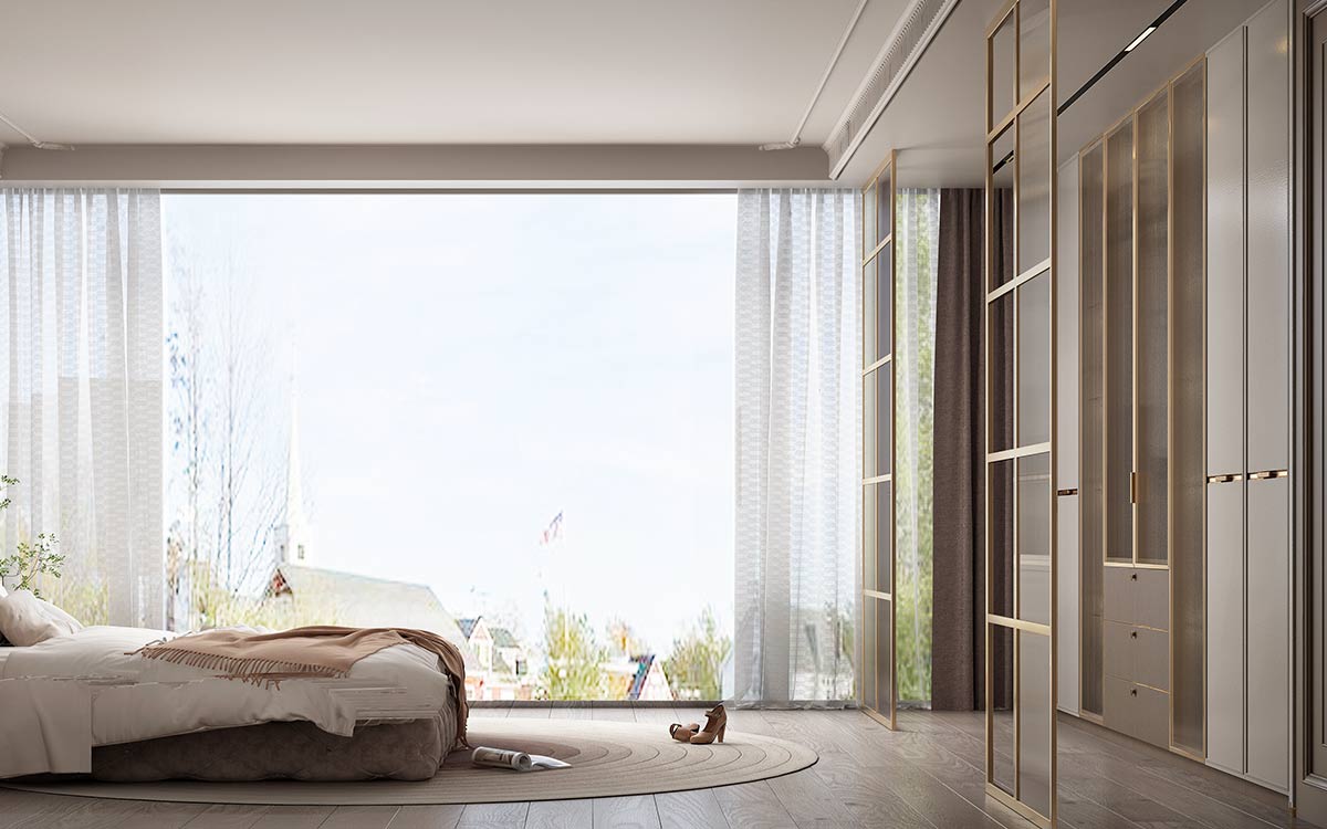 White and Taupe Wardrobe with Reeded Glass Doors