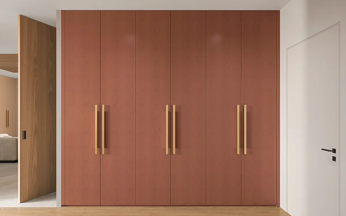 Red Wardrobe with Modern Long Brass Handles