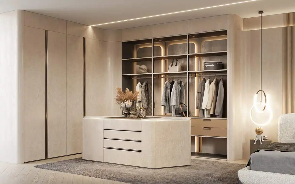 Beige Walk-in Closet in Textured UV Lacquer
