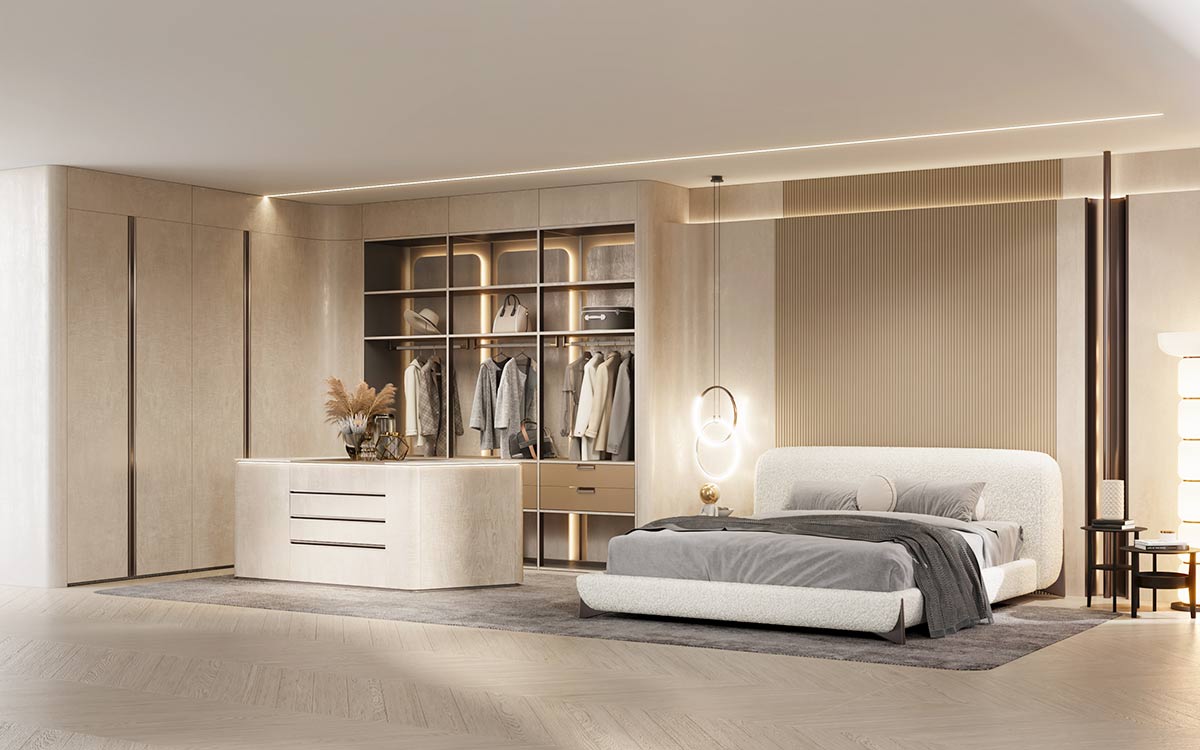 Beige Walk-in Closet in Textured UV Lacquer