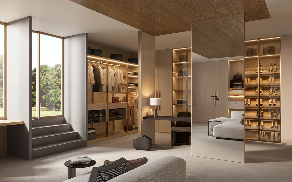 Big Walk in Closet with Beige and Light Wood Cabinets