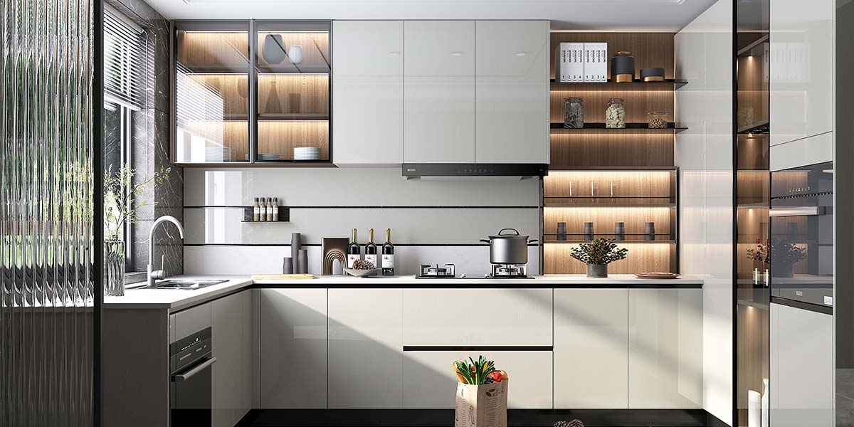 High Gloss White and Wood Frameless Kitchen Cabinets