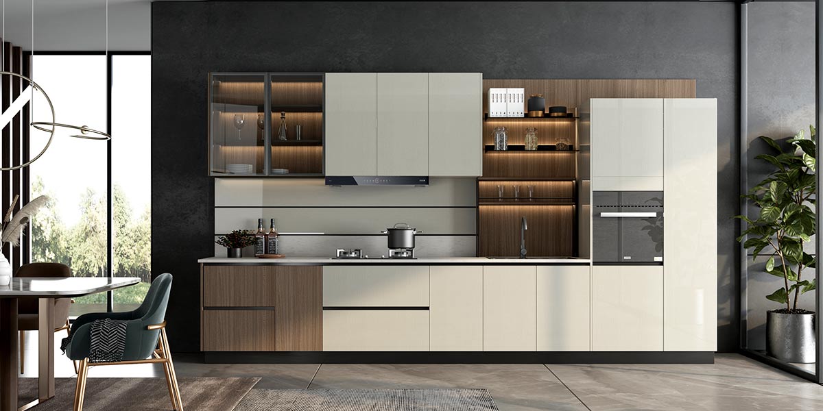 High Gloss White and Wood Frameless Kitchen Cabinets