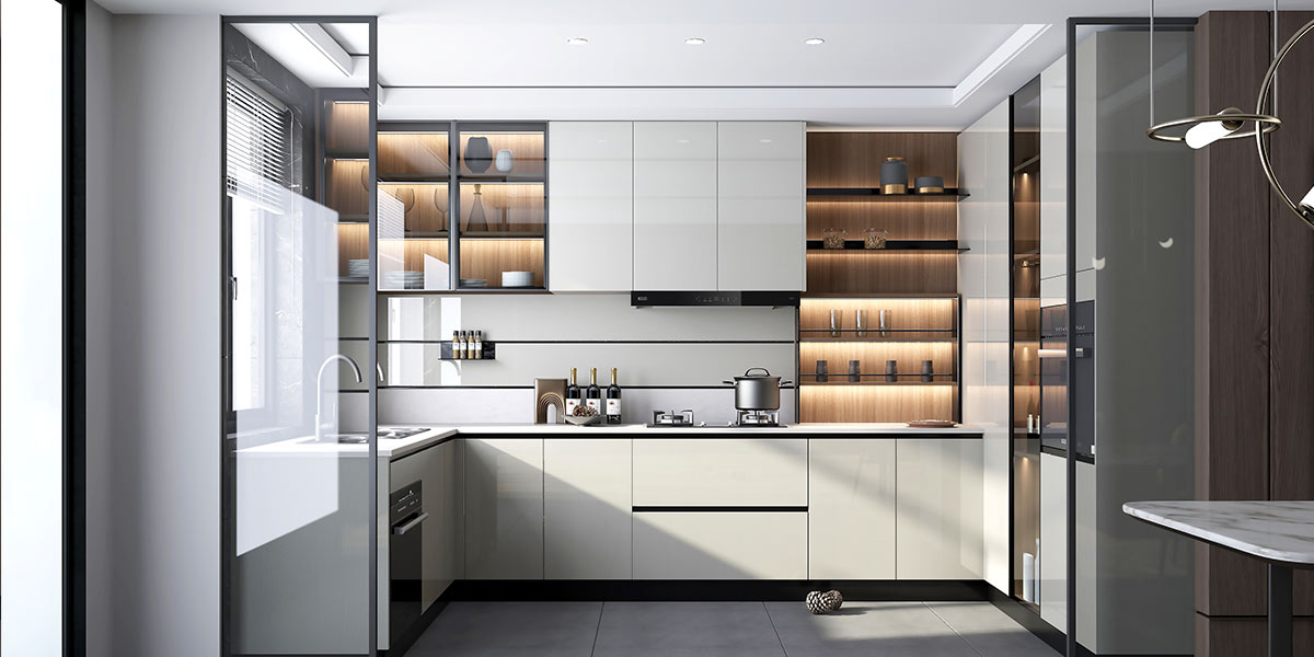 High Gloss White and Wood Frameless Kitchen Cabinets