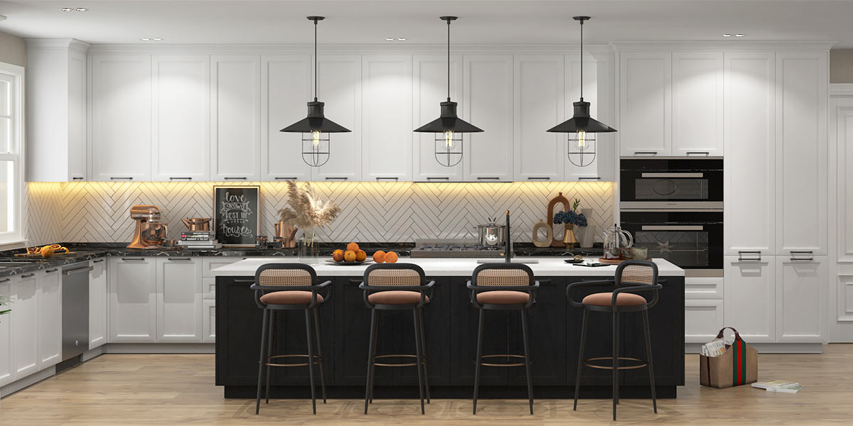 White Shaker Kitchen Cabinets with Black Island