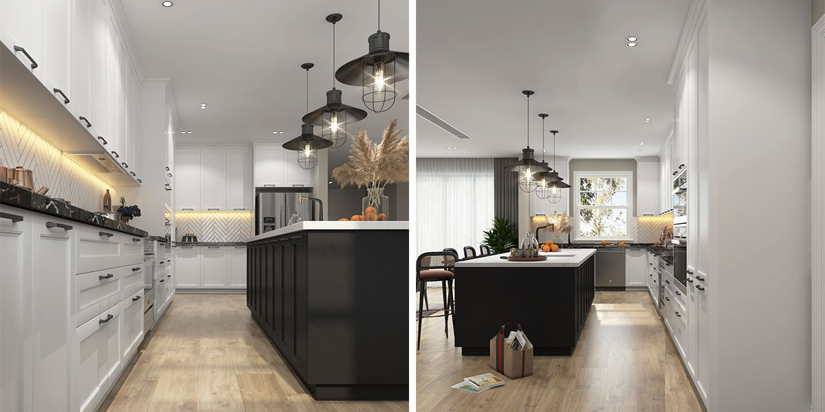 White Shaker Kitchen Cabinets with Black Island