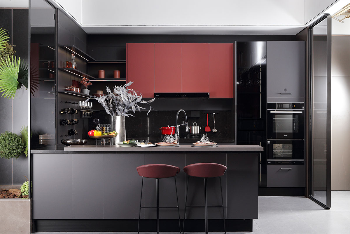 Gray and Red Matte Lacquer Kitchen Furniture
