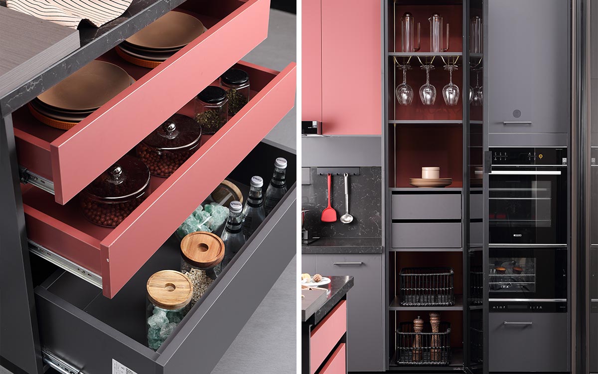 Gray and Red Matte Lacquer Kitchen Furniture