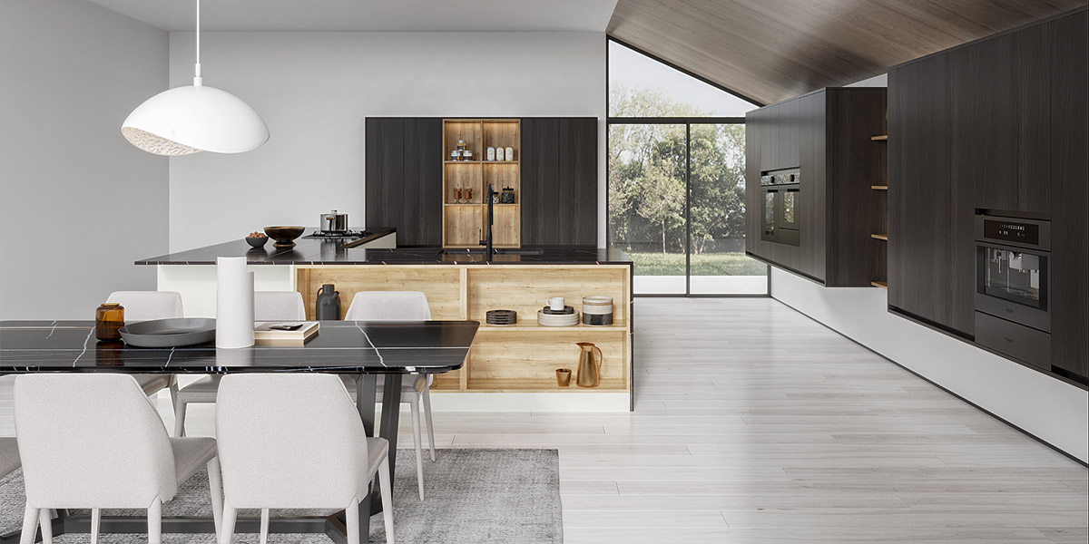 Kitchen Cabinets with Waterfall Edge Island Countertop 