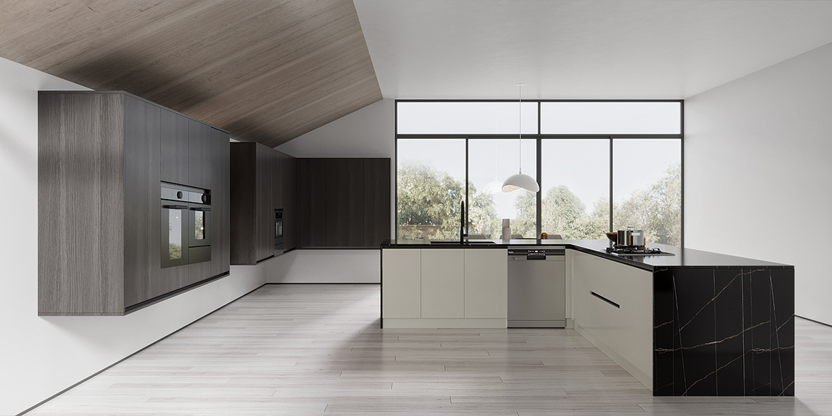 Kitchen Cabinets with Waterfall Edge Island Countertop 