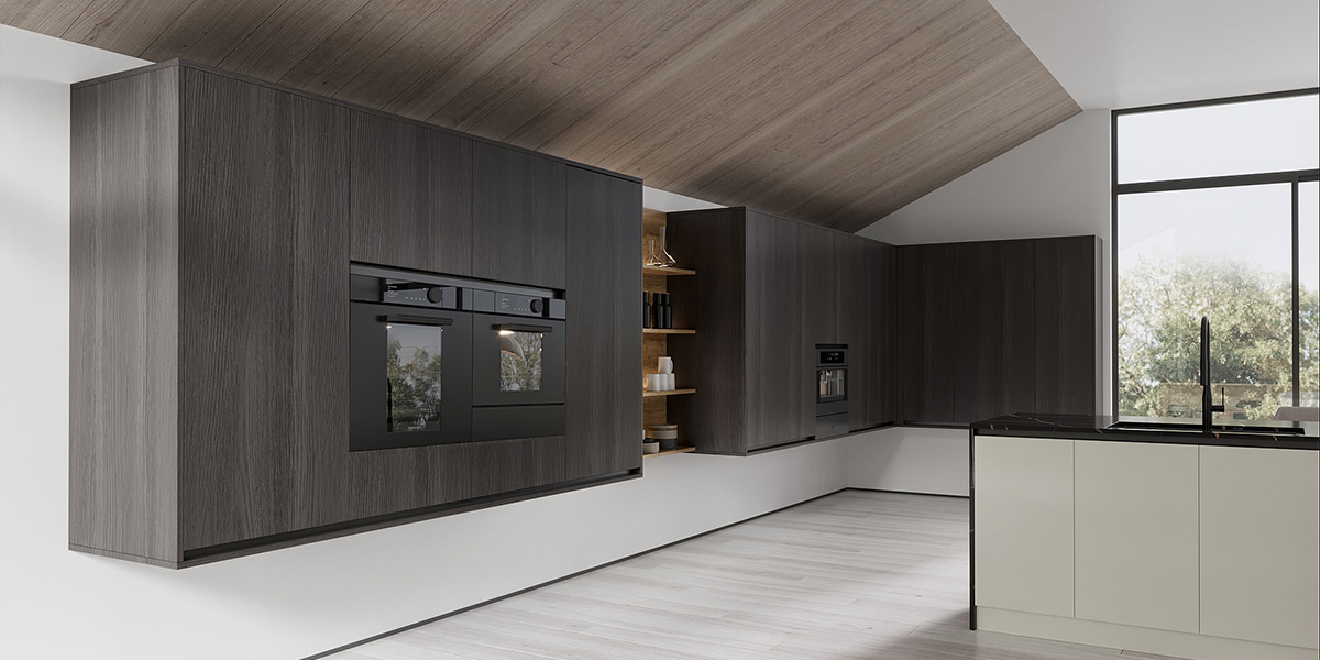 Kitchen Cabinets with Waterfall Edge Island Countertop 