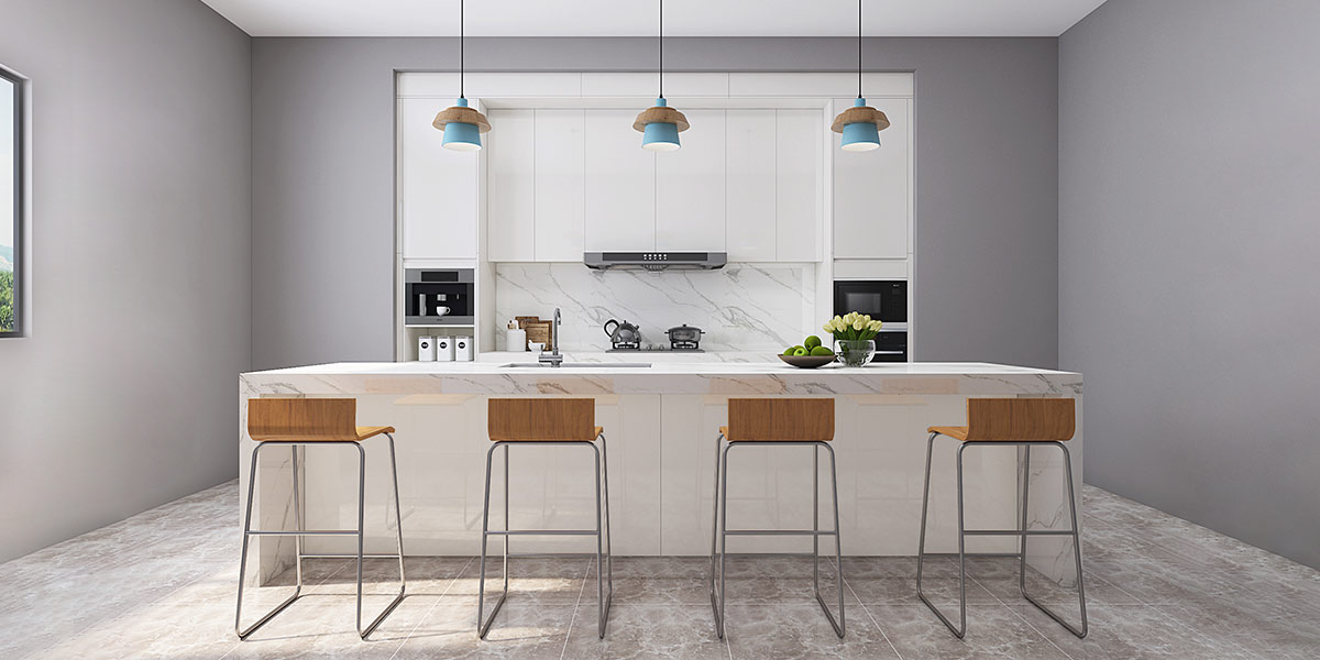 Modern Waterfall Island Kitchen with Quartz Countertop