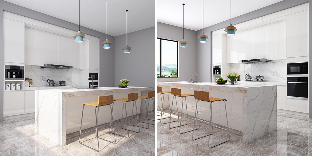 Modern Waterfall Island Kitchen with Quartz Countertop