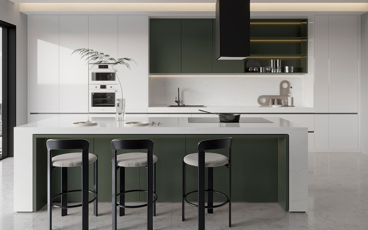 Green and White Flat Front Kitchen Cabinets