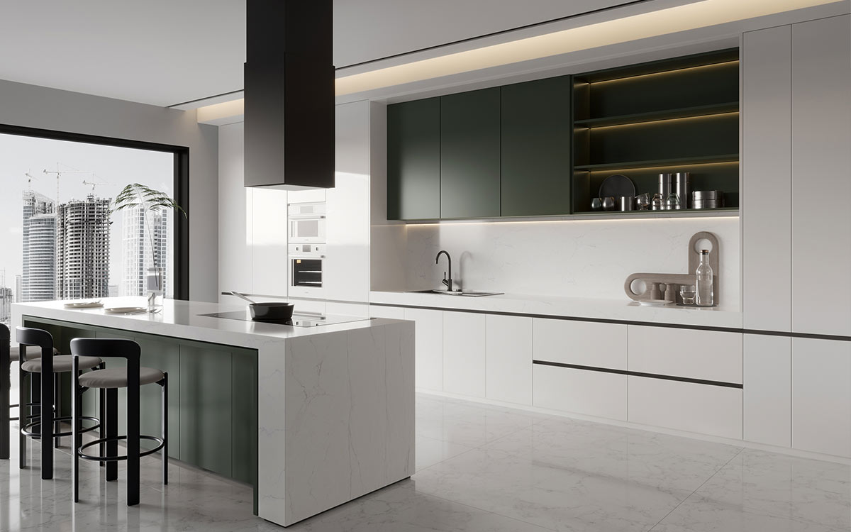 Green and White Flat Front Kitchen Cabinets
