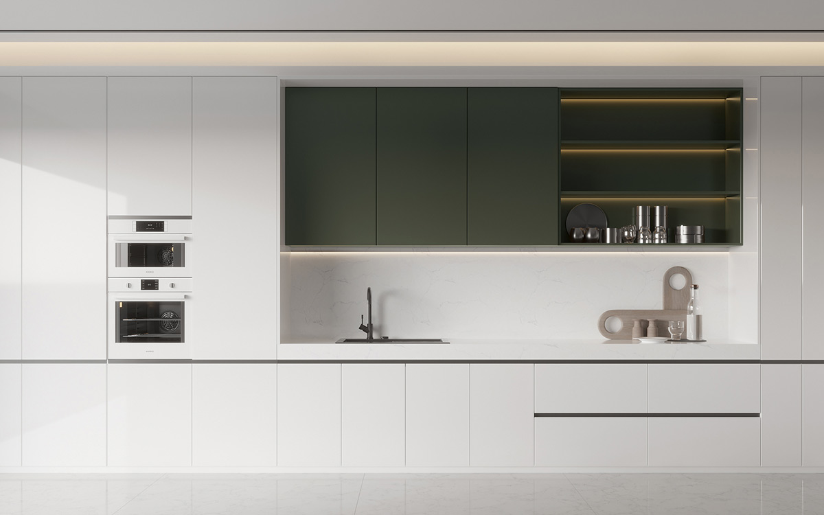Green and White Flat Front Kitchen Cabinets