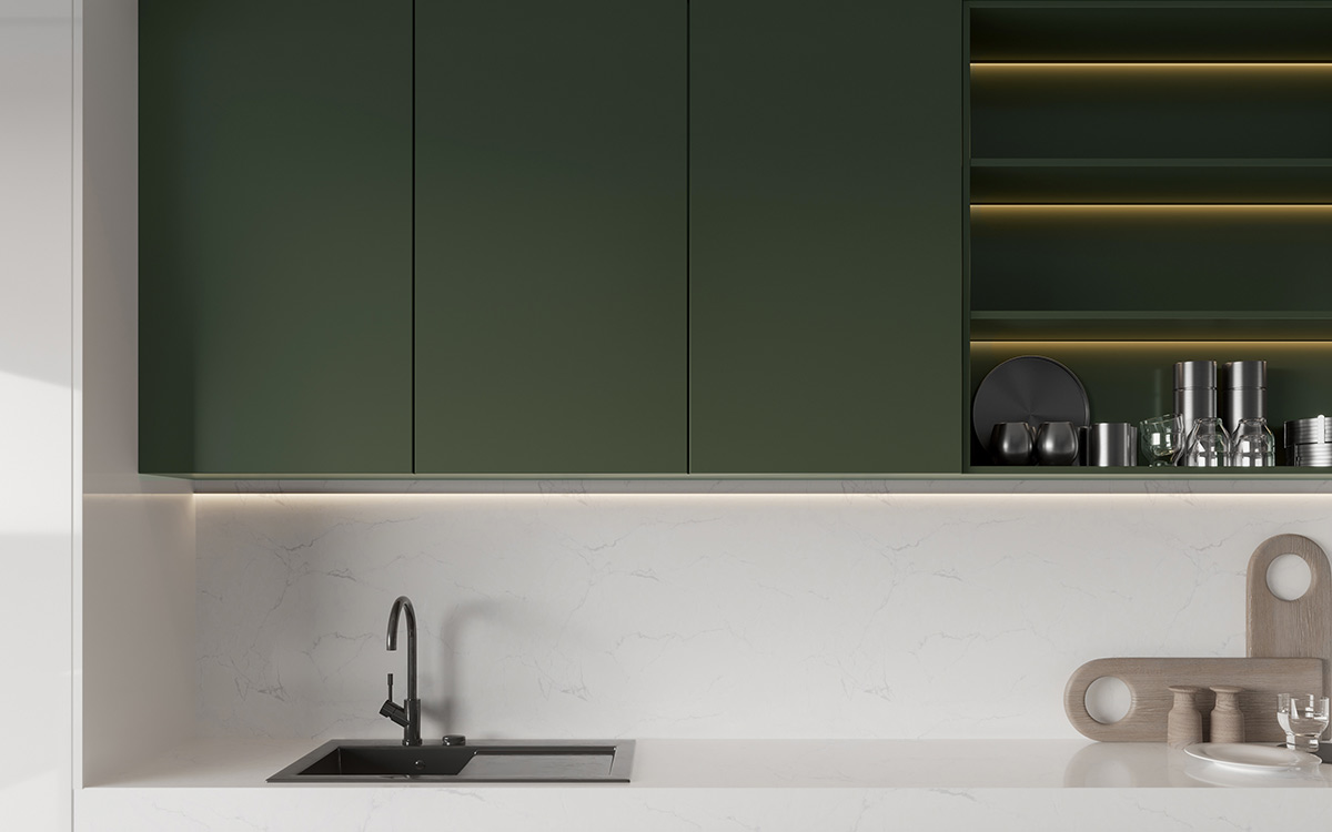 Green and White Flat Front Kitchen Cabinets