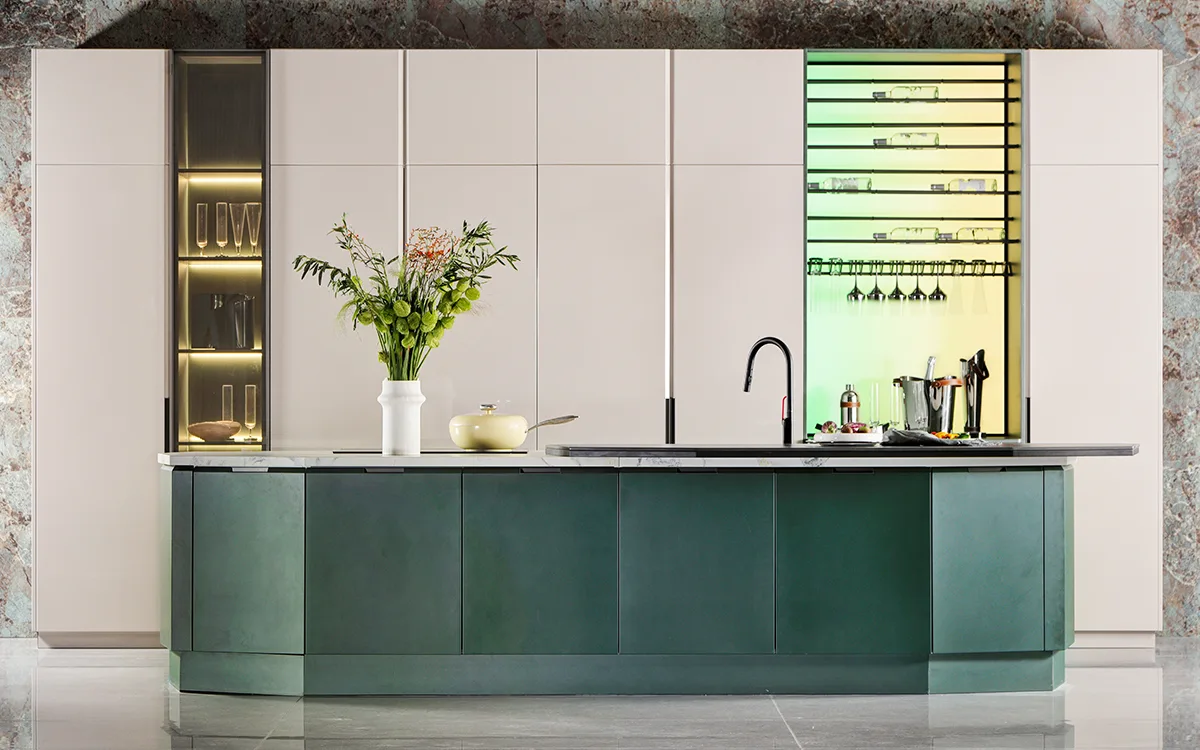 Contemporary White Kitchen Design with Green Island