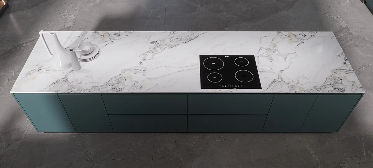 white sintered stone countertop with grey veins