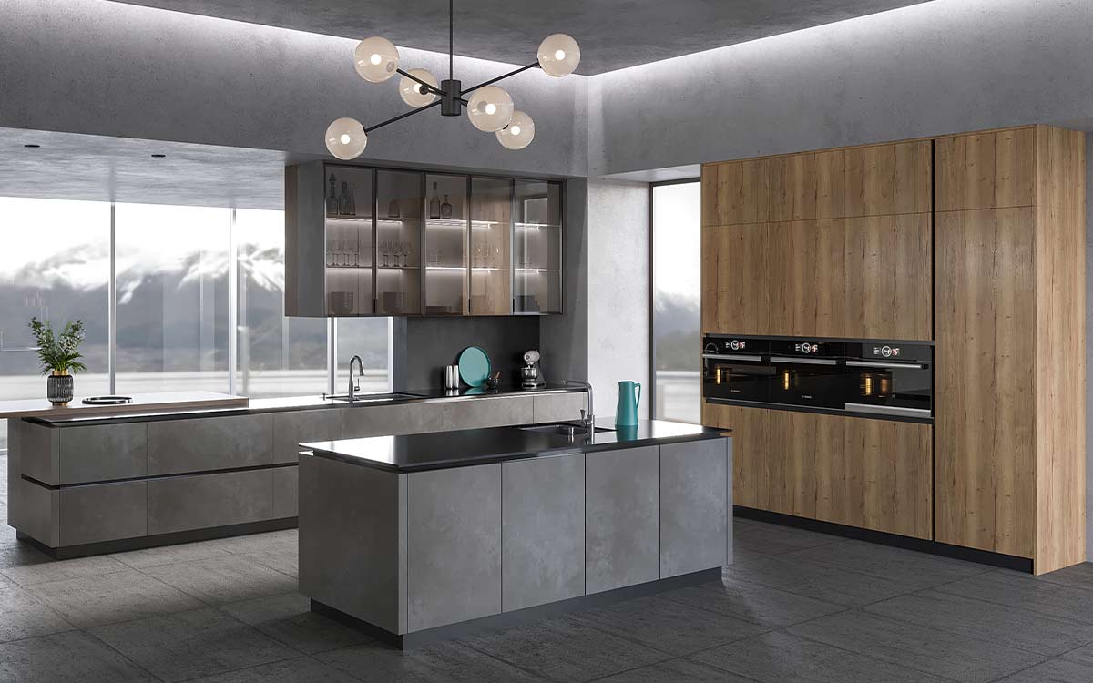 Industrial Kitchen Design with Grey Stone Effect Doors