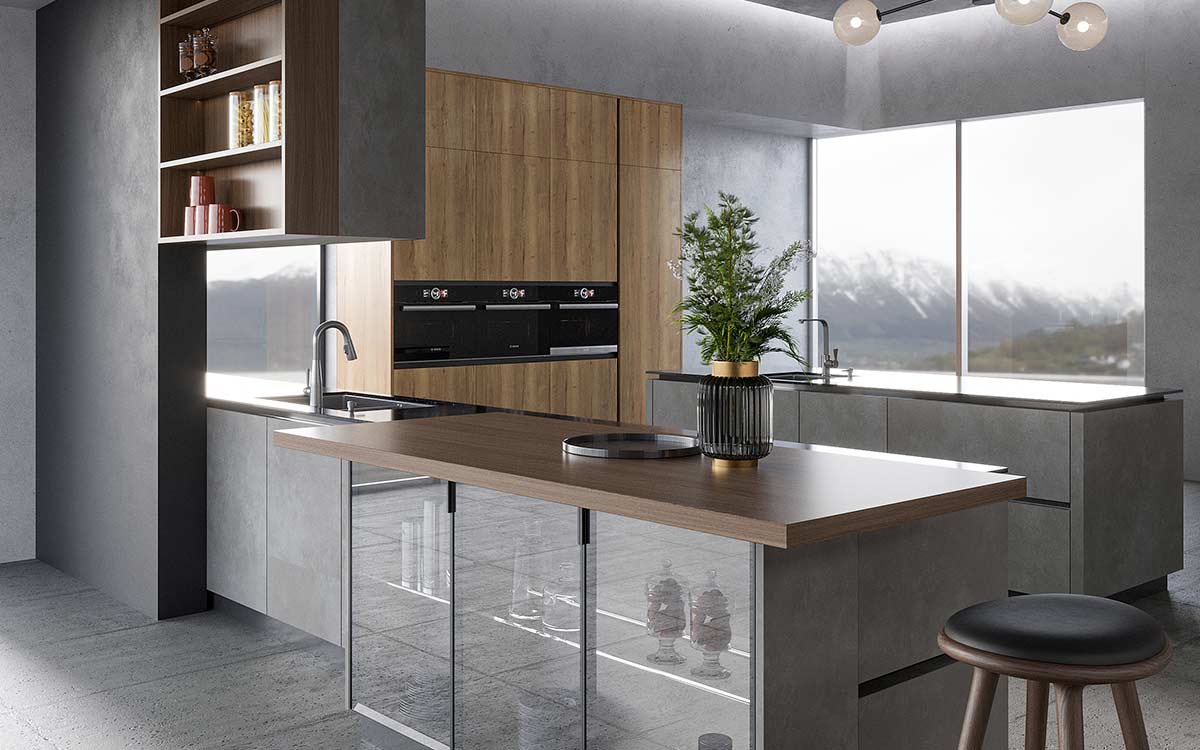 Industrial Kitchen Design with Grey Stone Effect Doors