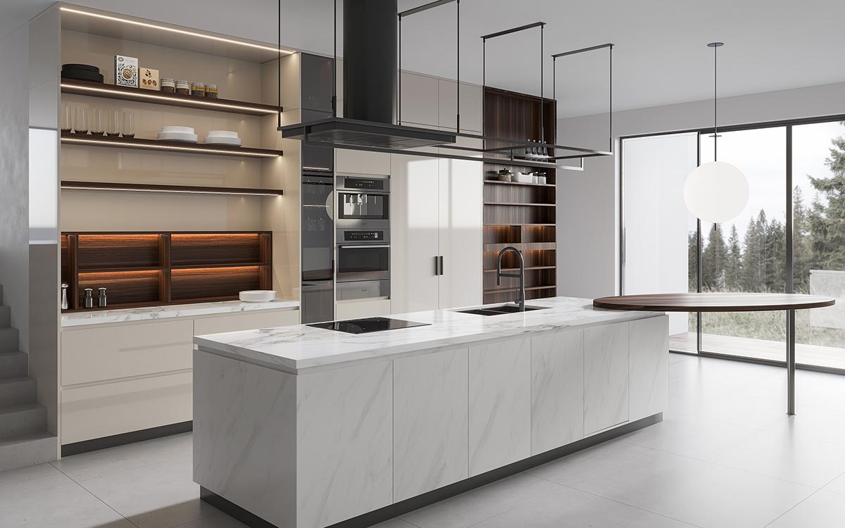 Cream Kitchen Cabinets with White Island